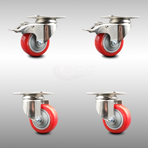 Service Caster 3 Inch 316SS Red Polyurethane Wheel Swivel Top Plate Caster Lock Brakes, 2PK SCC-SS316TTL20S314-PPUB-RED-2-S-2 - main
